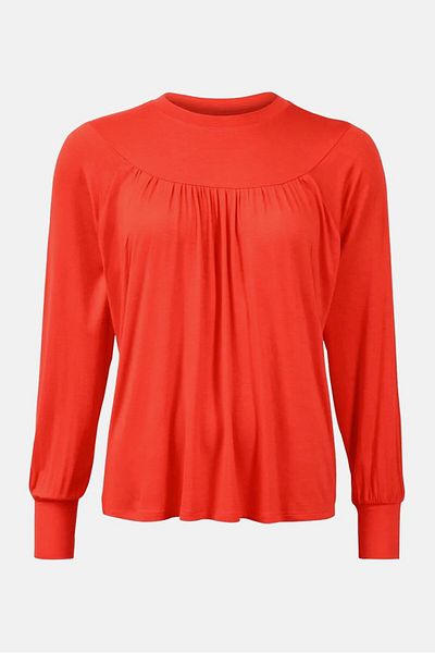 Tchibo Women Round Neck Long Sleeves Plain Blouse, Red