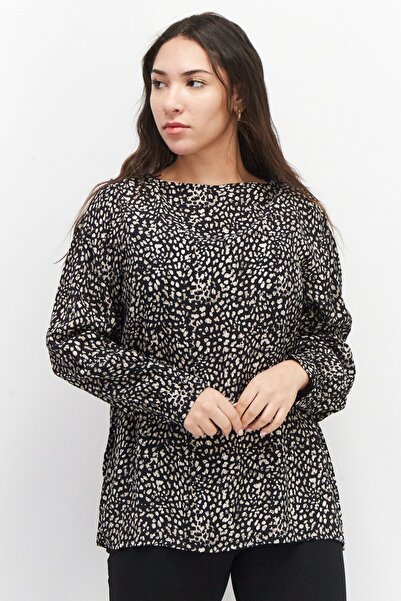 Esprit Women Round Neck Long Sleeve Allover Print Top, Black Combo