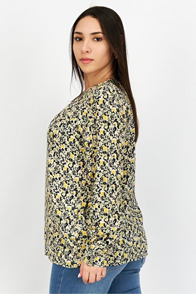 Esprit Women Round Neck Long Sleeves Floral Pattern Blouse, Black