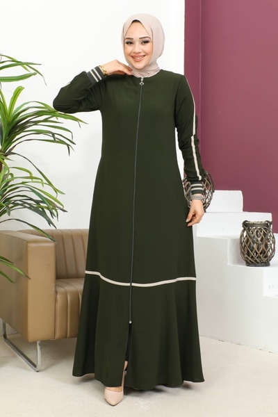 Nevayla Moda Ferace Tesettür kaki - Cu nervuri și detaliu cu dungi la gleznă