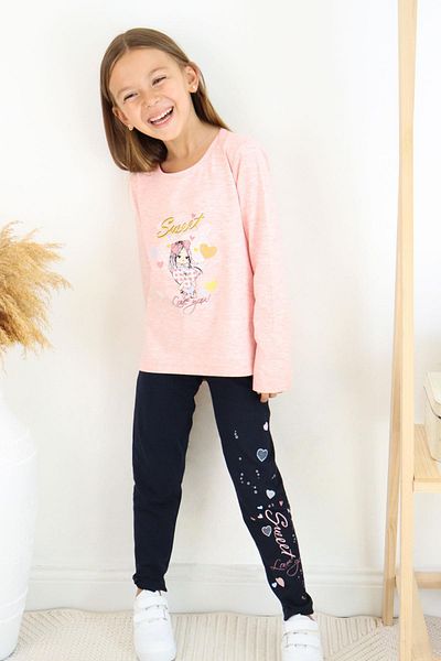 Breeze Girl's Tights Set Cute Girl Printed Heart 2-6 Years, Salmon Melange