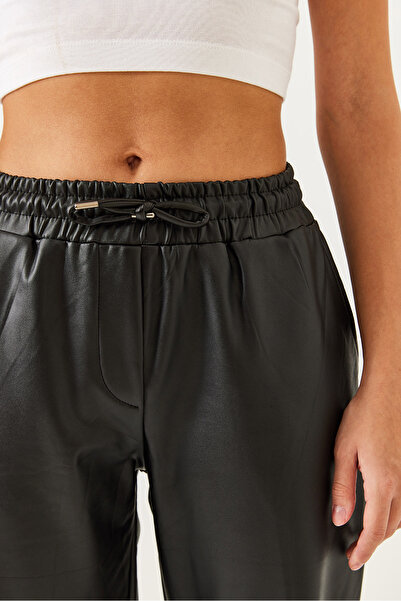 Bianco Lucci Dámské kožené kalhoty s elastickým pasem a nohavičkami