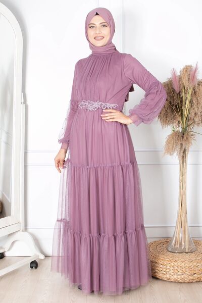 SUBU TASARIM Fırfır Güpür Işlemeli Tül Abiye Lila TBS864