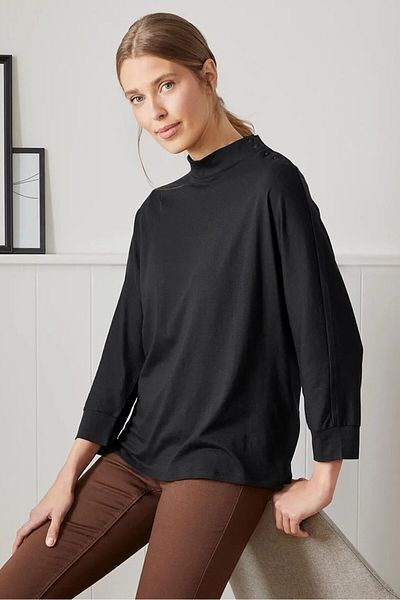 Tchibo Women Mock Neck Bat Sleeves Plain Tops, Black