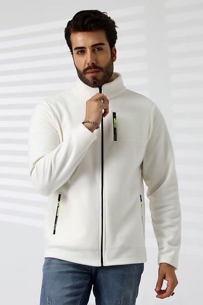 TİJA Men's Ecru Fleece Cardigan - Anti Pilling Non-Pilling Jacket with Zipper and Pocket