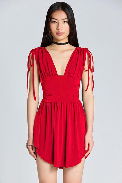 boutiquen 2622 Red Mini Rope Tied Low-Cut Dress