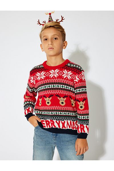 Koton Deer Print Crew Neck Long Sleeve Christmas Sweater
