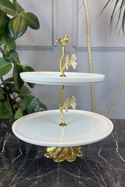 MAY HOME 2 Katlı Porselen Ayaklı Kurabiyelik Sunumluk Tabak & Sedef Kelebek Detaylı