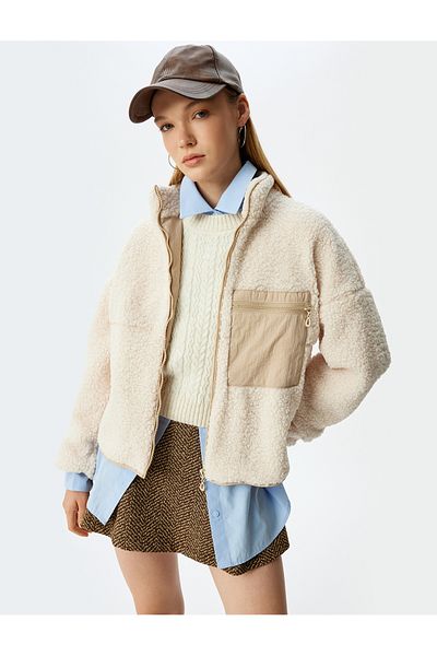 Koton Zippered Stand Collar Pocket Detailed Comfortable Fit Plush Sweatshirt