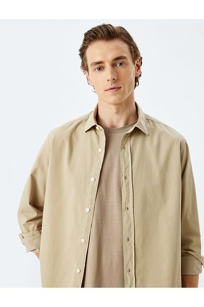 Koton Long Sleeve Cotton Shirt - Half Italian Neckline with Buttons