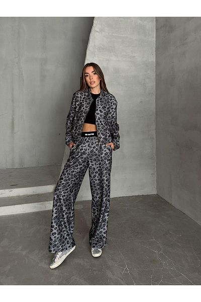 SEDA FİDAN Gray Plush Leopard Tracksuit Set