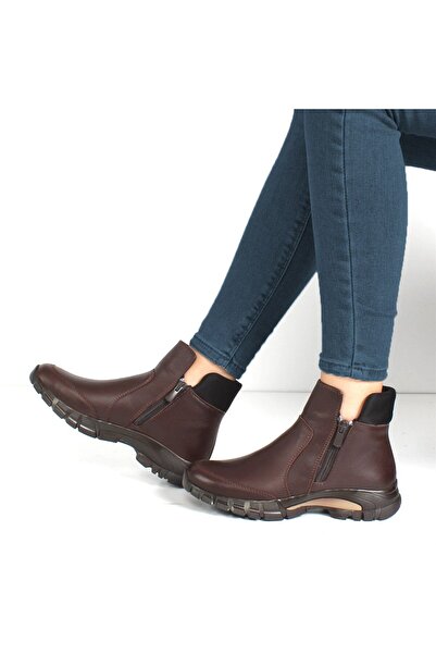 Celal Gültekin Kadın Kahverengi Çift Fermuarlı Deri Bot