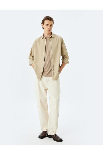 Koton Long Sleeve Cotton Shirt - Half Italian Neckline with Buttons