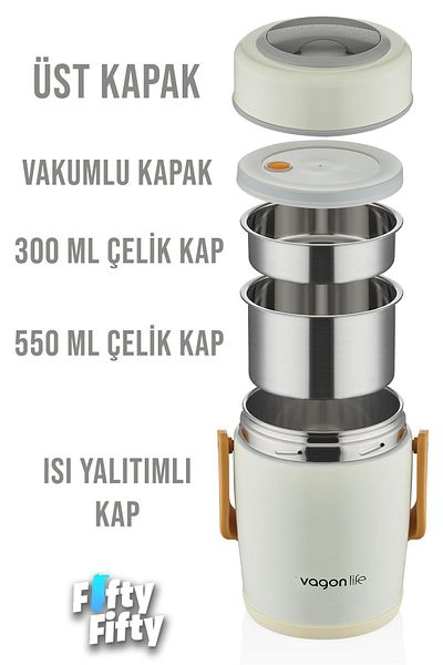 Vagonlife 1.6Lt 2-Bowl Steel Food Thermos - Thermal Insulated, Leak-Proof Vacuum Pot with Carrying Handle - Ff10