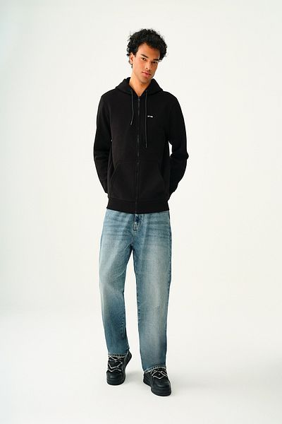 Loft 2034270   Black Men's Hooded Thigh Zippered Kangaroo Pocket 3 Thread Fleece Cardigan
