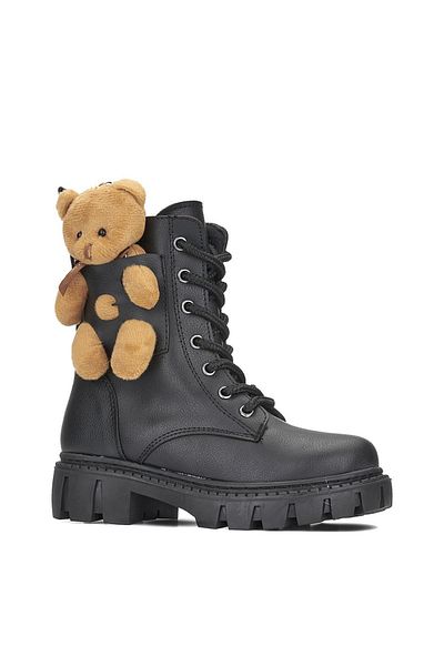 Mind Black Zippered Lace-up Non-Slip Rubber Sole Girl's Boots with Teddy Bear Accessories