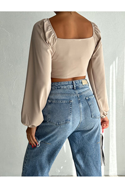 QUTTA Γυναικείο μπεζ μπαλόνι μανίκι Madonna γιακά κορσέ με ριμπ εμπρός ύφασμα κατάδυσης μακρυμάνικη μπλούζα