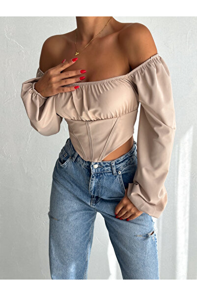 QUTTA Γυναικείο μπεζ μπαλόνι μανίκι Madonna γιακά κορσέ με ριμπ εμπρός ύφασμα κατάδυσης μακρυμάνικη μπλούζα