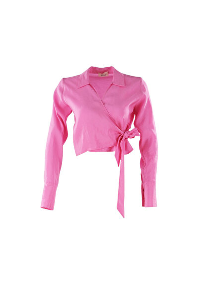 Pilea Stella Pembe Kruvaze Yandan Bağlamalı Kolları Manşetli Crop Gömlek