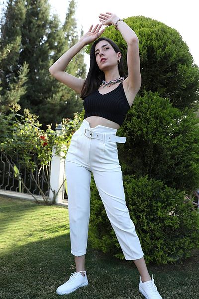 VAPUR Ecru Atlas Fabric Belted Trousers