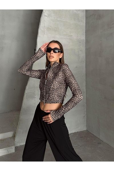 SEDA FİDAN Μπλούζα με φερμουάρ Fisherman Leopard - Καφέ