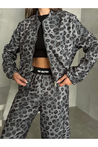 SEDA FİDAN Gray Plush Leopard Tracksuit Set