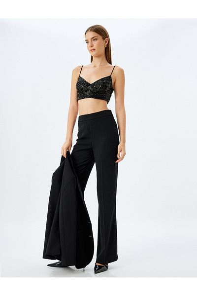 Koton Crop-Abendkleid-Bluse mit Pailletten, Pailletten, Seilträger, V-Ausschnitt, schmale Passform