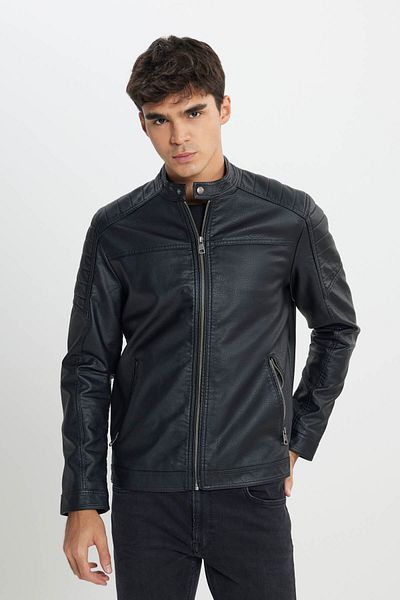 Lee Schwarze Kunstlederjacke für Herren mit normaler Passform und normaler Passform und Reißverschluss