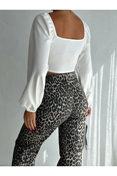 QUTTA Λευκή Madonna Collar Bodice Look Piping Diver Crop Μπλούζα - Μακρυμάνικο