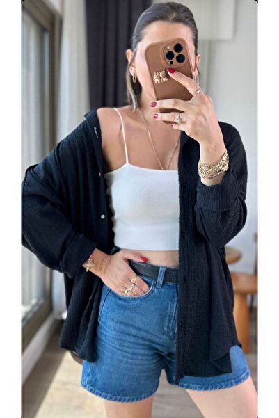 Aysa Butik Kadın Oversize Krinkıl Bürümcük Siyah Gömlek