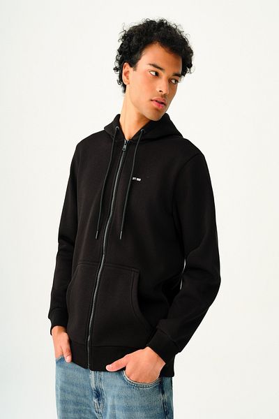 Loft 2034270   Black Men's Hooded Thigh Zippered Kangaroo Pocket 3 Thread Fleece Cardigan