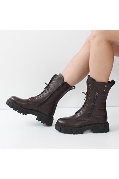 Celal Gültekin Kadın Kahverengi Fermuarlı Kalın Tabanlı Deri Postal Bot