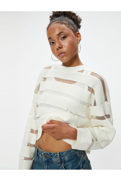 Koton Inji X - Knit Sweater, Tulle Detailed Crew Neck, Long Sleeve