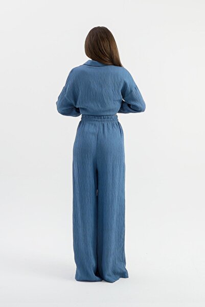 VAPUR TEKSTİL High Waist Pocket Indigo Crinkle Trousers