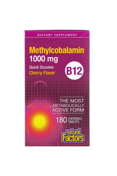Natural Factors ميثيل كوبالامين ب12، 1000 ميكروجرام، 180 قرصًا قابلًا للمضغ