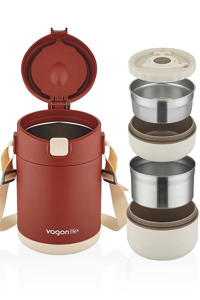 Vagonlife 1.8Lt 2-Bowl Steel Food Thermos - Leak-Proof Vacuum Pot with Carrying Strap - Ff10