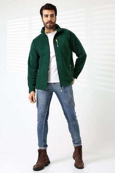 TİJA Green Men's Fleece Cardigan - Anti Pilling Non-Pilling Jacket with Zipper and Pocket
