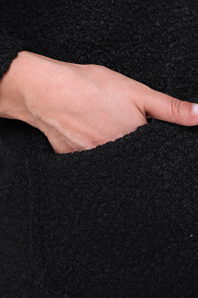 Zer Otantik Κοντό παλτό με κουκούλα Boucle Plus Size Μαύρο