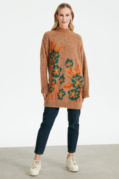 Tığ Triko ÇİÇEK DESENLİ TRİKO TUNIK CAMEL