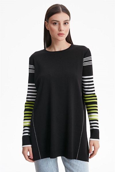 Tığ Triko Μανίκια Ριγέ Basic Rayon Knitwear Μαύρο
