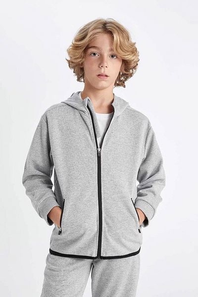 DeFacto Boy's Basic Plain Gray Hooded Pocket Zippered Sweatshirt C8188A824Au