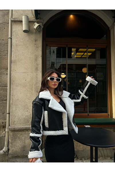 LOVEOFZI Suni Deri Beyaz Kürklü Deri Biker Kısa Ceket