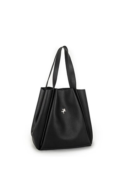 Nas Bag Kadın Büyük Boy Büzmeli Yavrulu Çıtçıtlı Tote Bag Omuz Çantası Siyah