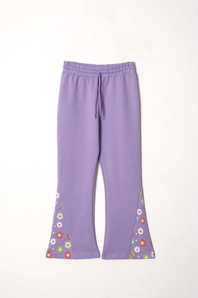 zepkids Κοριτσίστικο διπλό κοστούμι σε λιλά χρώμα - Crew neck, μακρυμάνικο, κέντημα Cıcek εμπριμέ