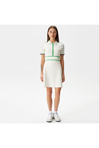 Lacoste Kadın Flare Fit Polo Yaka Beyaz Elbise