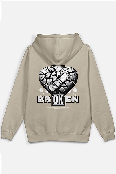 Overoz Broken Heart Broken Heart Πίσω Φούτερ με κουκούλα μεγάλου μεγέθους Μπεζ φούτερ με κουκούλα H1224