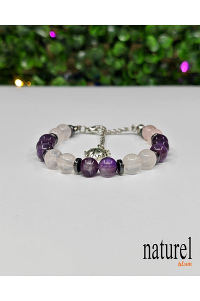 Naturel Tılsım Amethyst & Pink Quartz 8mm Natural Stone Women's Bracelet