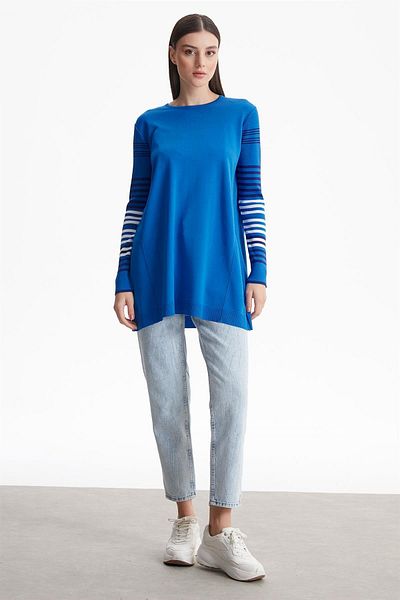 Tığ Triko Basic Rayon Knitwear Tunic Saks με ριγέ μανίκια