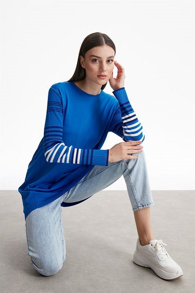 Tığ Triko Basic Rayon Knitwear Tunic Saks με ριγέ μανίκια
