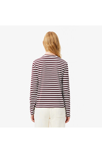 Lacoste Kadın Regular Fit Uzun Kollu Bisiklet Yaka Çizgili Bordo T-Shirt